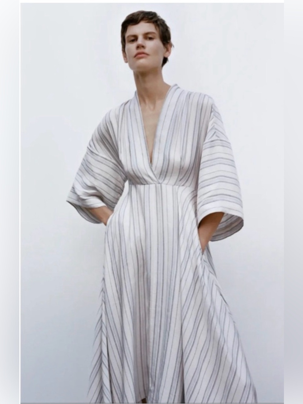 CO Collection Striped Midi Dress XL Blue White Linen Blend Deep V High-Low Hem